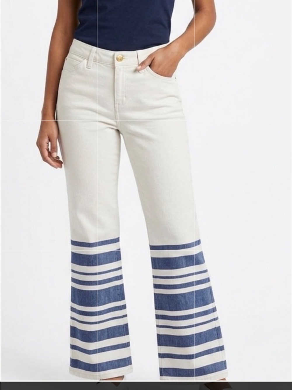 Tory Burch Crop Cream Jeans Blue Striped with Gold Button - 29 (32 x 27)
